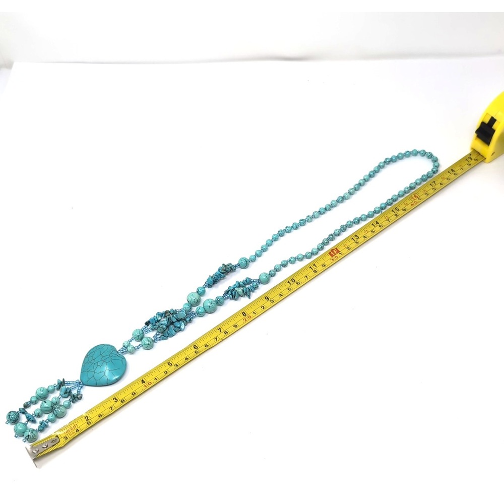 Heart Statement Long Necklace Faux Turquoise Beaded Southwestern Style Tassel - Picture 3 of 4
